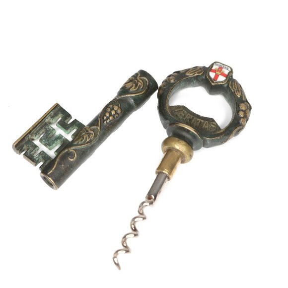 Vintage German Antique Brass Key Corkscrew In Vino Veritas Koblenz Gold Bar - Picture 2 of 8